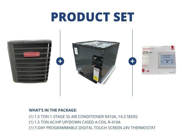 1.5 Ton SS Air Conditioner R410A, 14.3 SEER2, 1.5 Ton AC/HP Up/Down Cased A Coil R-410A, Thermostat
