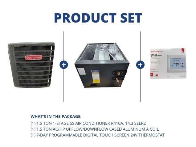 1.5 Ton SS Air Conditioner R410A, 14.3 SEER2, 1.5 Ton Up/Down Cased A Coil R22/R-410A and Thermostat