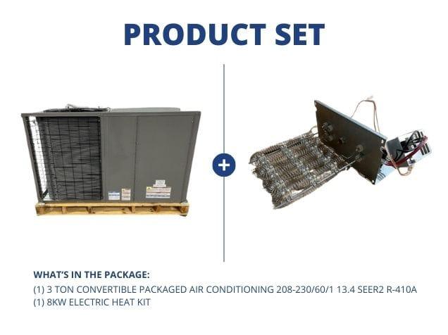 3 Ton Convertible Packaged Air Conditioning 208-230/60/1 13.4 SEER2 R-410A and 8KW Electric Heat Kit