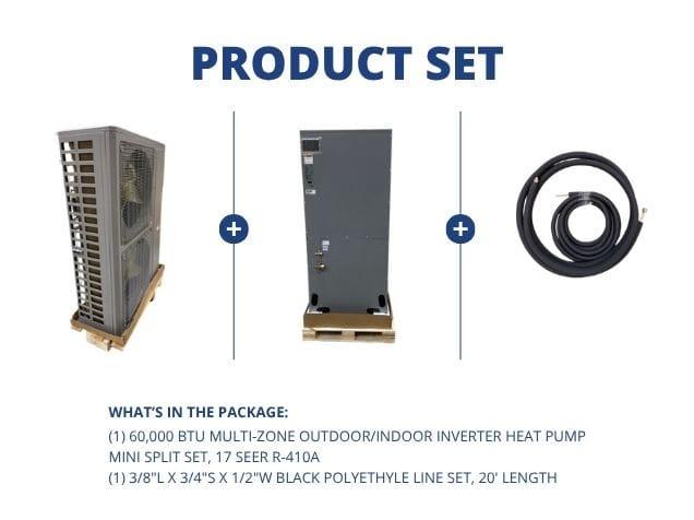 60,000 BTU Multi-Zone Outdoor/Indoor Inverter Heat Pump Mini Split Set, 17 SEER R-410A with Line Set