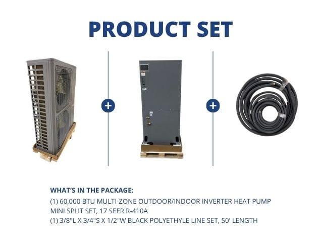 60,000 BTU Multi-Zone Outdoor/Indoor Inverter Heat Pump Mini Split Set, 17 SEER R-410A with Line Set