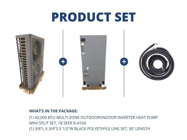 60,000 BTU Multi-Zone Outdoor/Indoor Inverter Heat Pump Mini Split Set, 18 SEER R-410A with Line Set