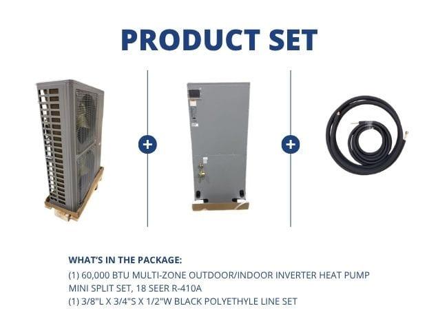 60,000 BTU Multi-Zone Outdoor/Indoor Inverter Heat Pump Mini Split Set, 18 SEER R-410A with Line Set