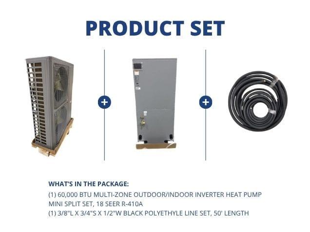 60,000 BTU Multi-Zone Outdoor/Indoor Inverter Heat Pump Mini Split Set, 18 SEER R-410A with Line Set