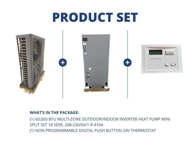 60,000 BTU Multi-Zone Outdoor/Indoor Inverter HP Mini Split Set 18 SEER, R-410A with 24V Thermostat
